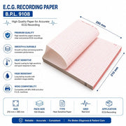 An open sheet of ECG thermal recording paper featuring a red grid pattern on white paper, displayed on a light gray background with product specifications, dimensions 295 mm x 210 mm, and feature callouts.
