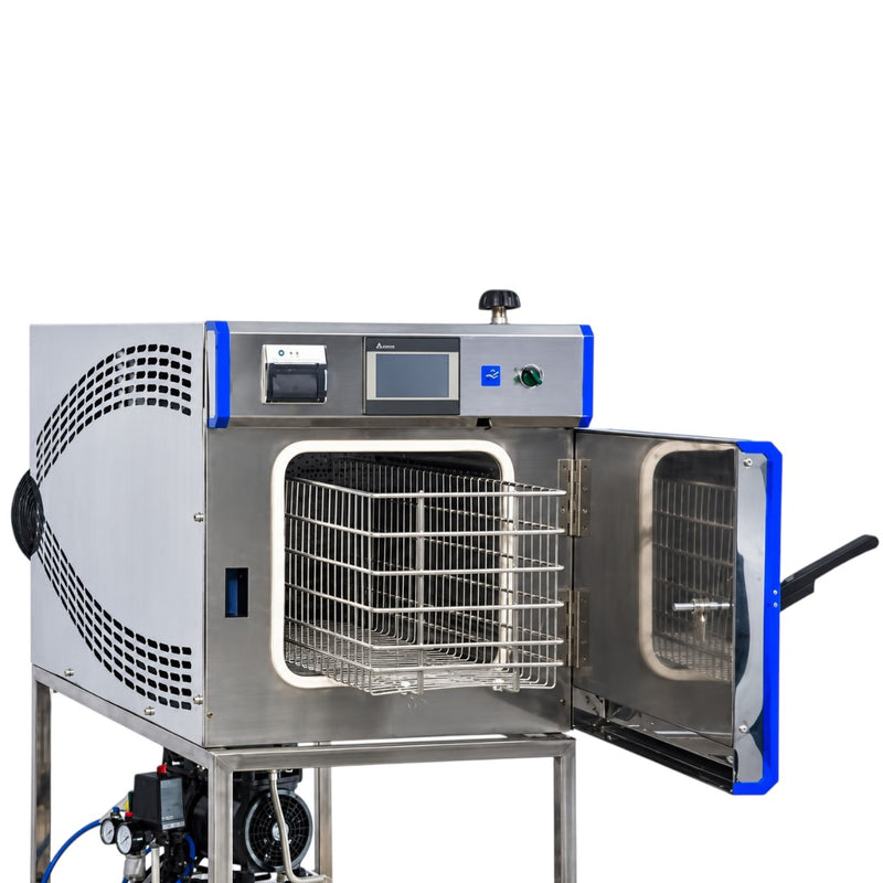 APS ETO sterilizer control panel with temperature pressure and humidity display stainless steel sterilization chamber.