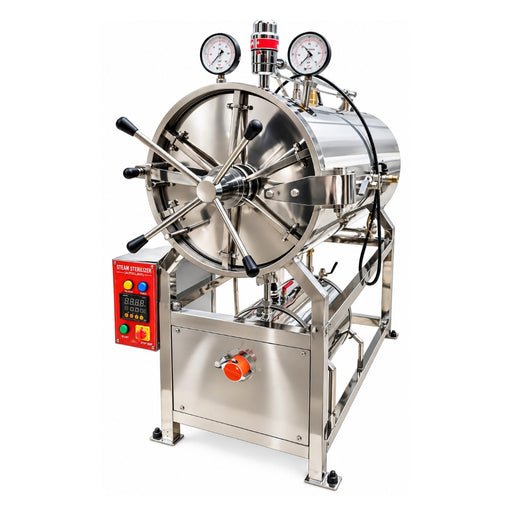 APS horizontal steam sterilizer with cylindrical chamber and heavy-duty stand.