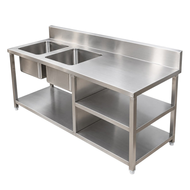 Heavy-Duty CSSD Work Stainless Steel Hospital Work Table with Two Sinks 