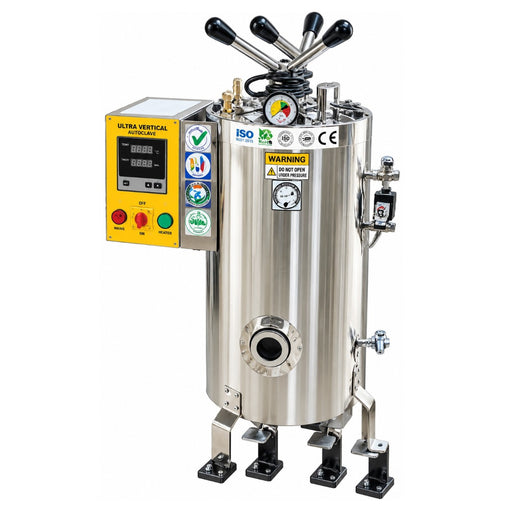 APS vertical steam sterilizer with stainless steel sterilization basket pressure gauge and safety controls.