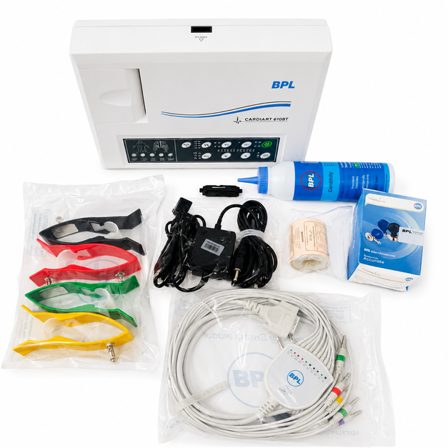 BPL Cardiart 6108T Single Channel ECG Machine with 12-lead ECG recording, LCD display, built-in thermal printer, and rechargeable battery for hospitals and clinics