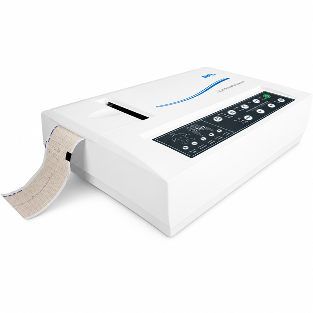 BPL Cardiart 6108T Single Channel ECG Machine with 12-lead ECG recording, LCD display, built-in thermal printer, and rechargeable battery for hospitals and clinics