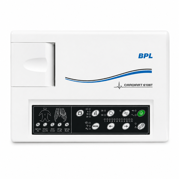 BPL Cardiart 6108T Single Channel ECG Machine with 12-lead ECG recording, LCD display, built-in thermal printer, and rechargeable battery for hospitals and clinics