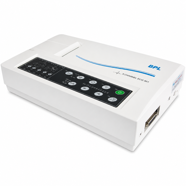 BPL Cardiart 6108T Single Channel ECG Machine with 12-lead ECG recording, LCD display, built-in thermal printer, and rechargeable battery for hospitals and clinics