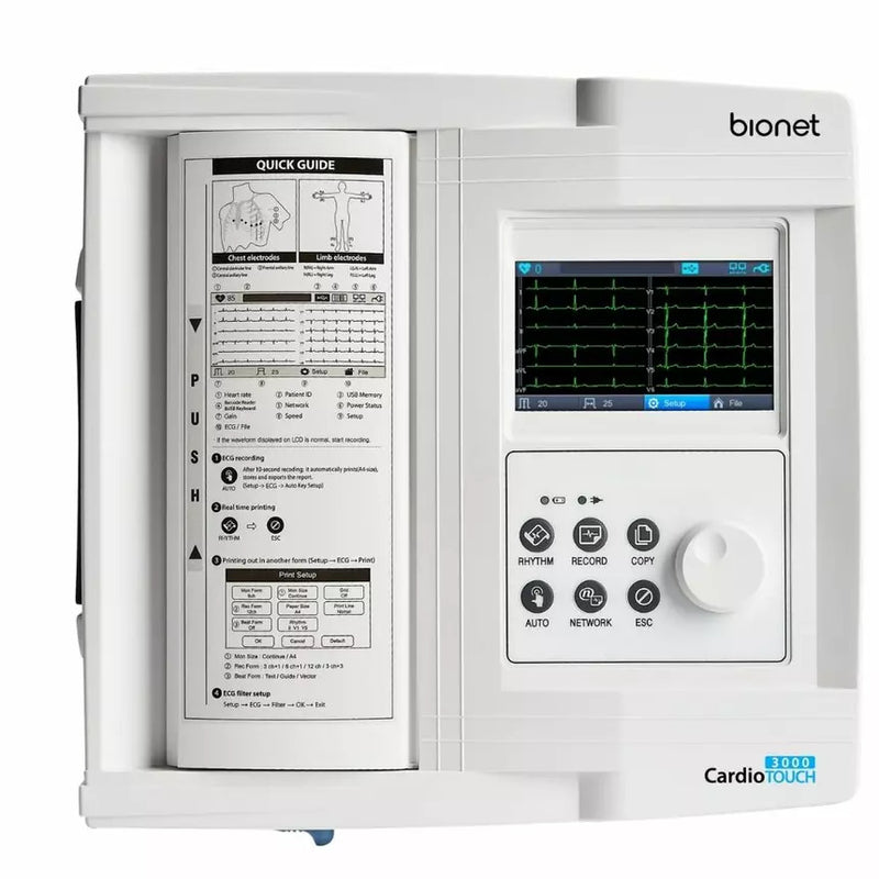 Bionet CardioTouch 3000 ECG machine displaying simultaneous 12-channel ECG waveforms