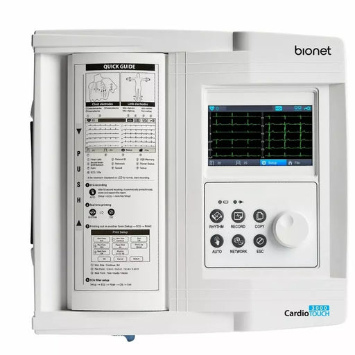 Bionet CardioTouch 3000 ECG machine displaying simultaneous 12-channel ECG waveforms