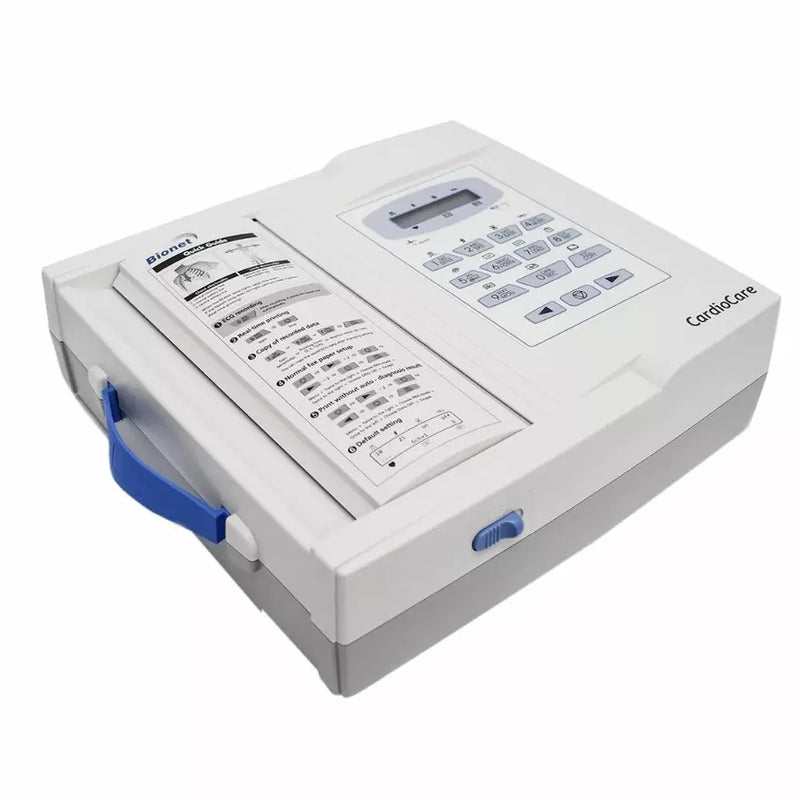 Bionet Cardiocare-2000 12 Channel ECG Machine with simultaneous 12-lead ECG recording, thermal printer, LCD display, and USB/LAN connectivity for hospitals and clinics