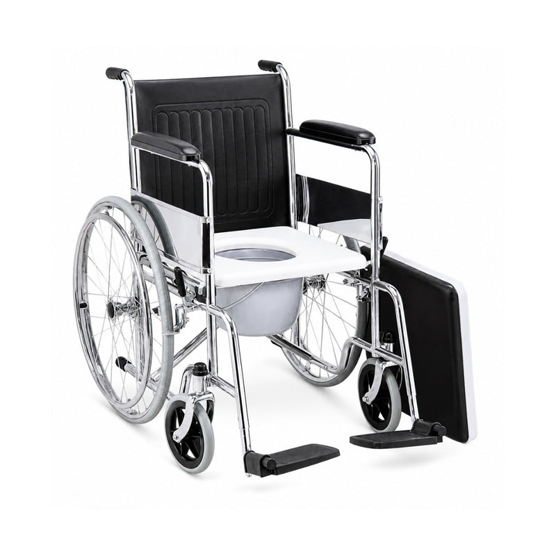 Foldable commode wheelchair with manual hand brakes