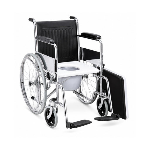 Foldable commode wheelchair with manual hand brakes