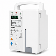 A BYOND medical infusion pump in white with a handle, digital display screen, and various control buttons, shown on a clean white background.