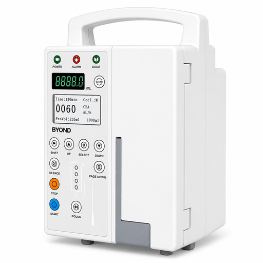 A BYOND medical infusion pump in white with a handle, digital display screen, and various control buttons, shown on a clean white background.