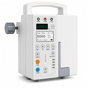 A white medical infusion pump with a digital display screen, multiple control buttons, a side adjustment knob, and a carrying handle on a clean white background.