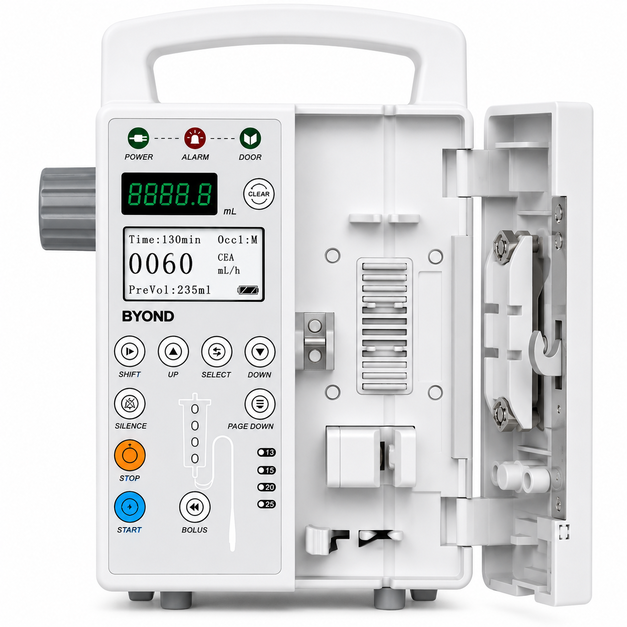 A white BYOND IV infusion pump with its door open, showing the internal mechanism and control panel with a digital display screen.