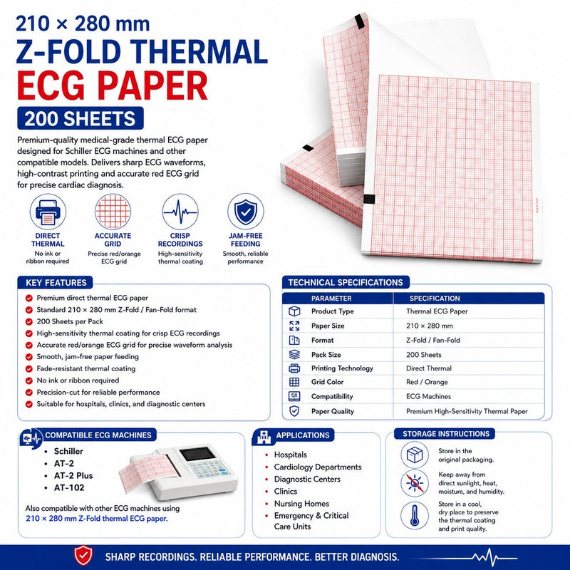 210 x 280 mm Z-Fold Thermal ECG Paper (200 Sheets) | ECG Machine Paper | Compatible with Schiller AT-2, AT-2 Plus & AT-102