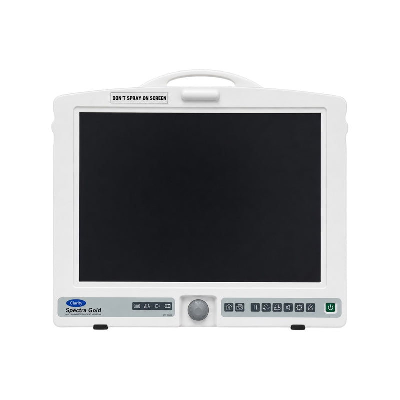 Clarity Spectra Gold ICU patient monitor with 15-inch display, arrhythmia detection, optional EtCO₂ and IBP monitoring.