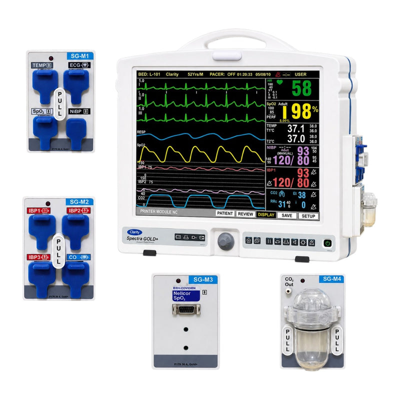 Order Clarity Spectra Gold+ multiparameter patient monitor online with LAN, Wi-Fi, CMS compatibility and up to 10 monitoring parameters.