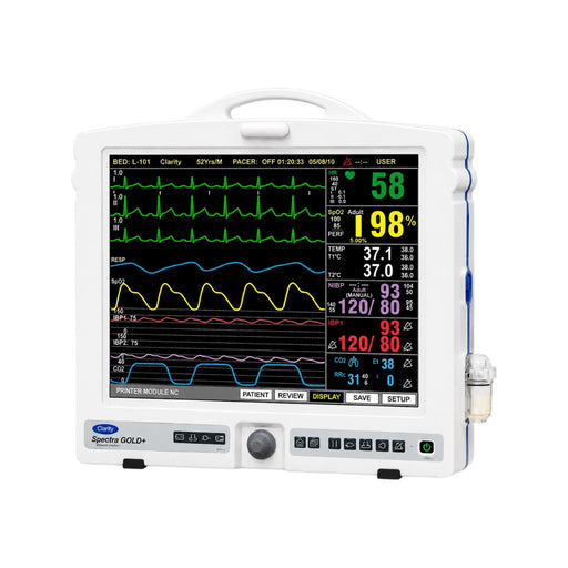 Buy Clarity Spectra Gold+ Modular Patient Monitor with 15-inch LED display, plug-and-play modules, Wi-Fi, LAN and CMS compatibility at Health Yantra Store.