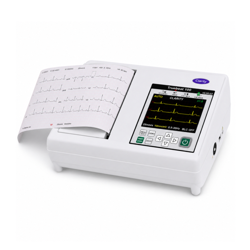 Clarity Medical TrueBeat-100H 6 Channel ECG Machine with 3.5-inch color touchscreen, built-in thermal printer, USB connectivity, rechargeable battery, and simultaneous 12-lead ECG recording.