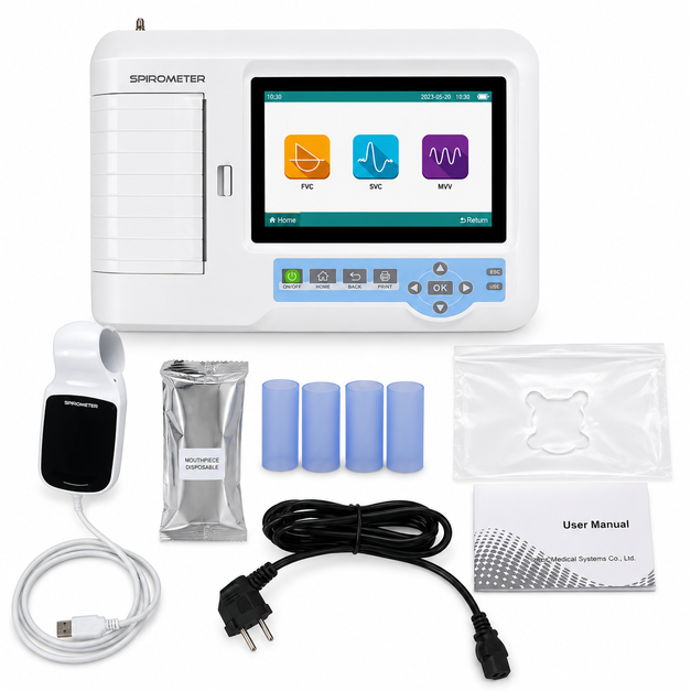Buy Contec SP100 Spirometer with 7-inch touchscreen, thermal printer, USB PC software, 30+ lung parameters and 10,000 record storage online. Health Yantra Store