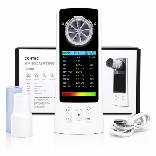Contec SP80B Bluetooth Digital Spirometer with infrared sensor, 2.8-inch colour LCD, Bluetooth and USB connectivity for pulmonary function testing.