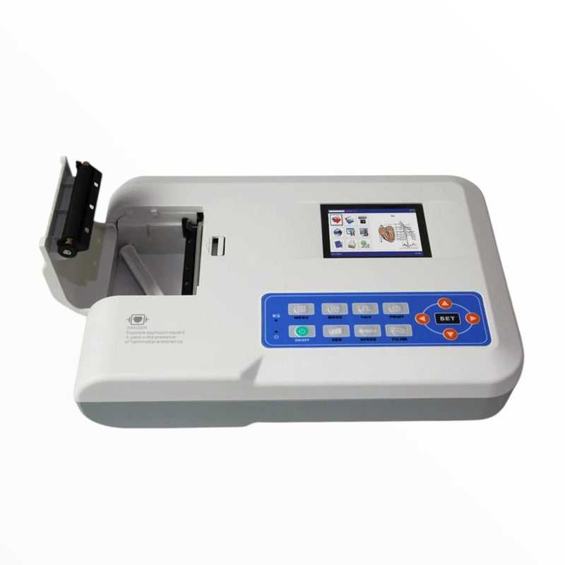 Contec 600G 6 Channel ECG Machine with 7-inch TFT touchscreen, 12-lead ECG recording, thermal printer, and USB connectivity for hospitals and clinics