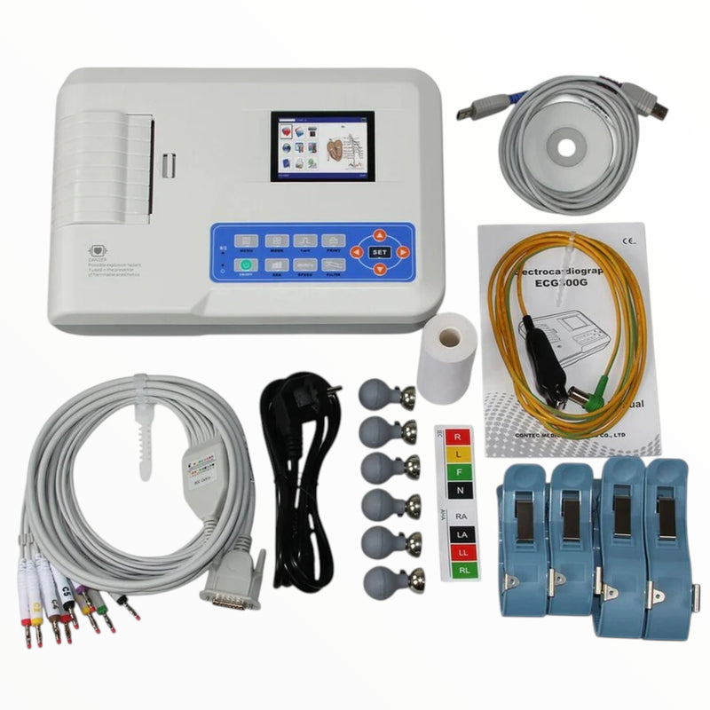 Contec 600G 6 Channel ECG Machine with 7-inch TFT touchscreen, 12-lead ECG recording, thermal printer, and USB connectivity for hospitals and clinics