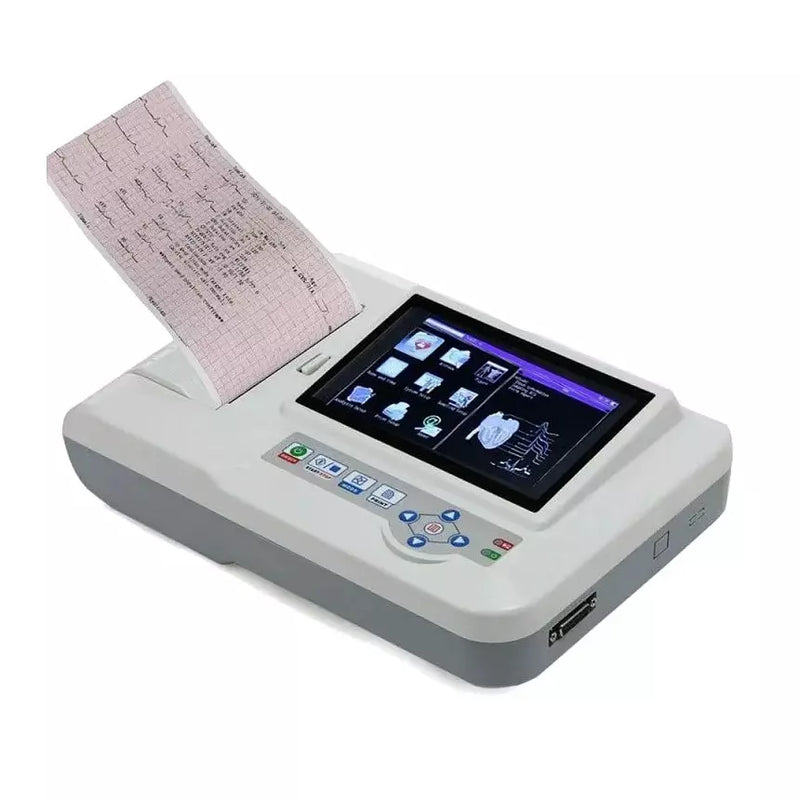 Contec 600G 6 Channel ECG Machine with 7-inch TFT touchscreen, 12-lead ECG recording, thermal printer, and USB connectivity for hospitals and clinics