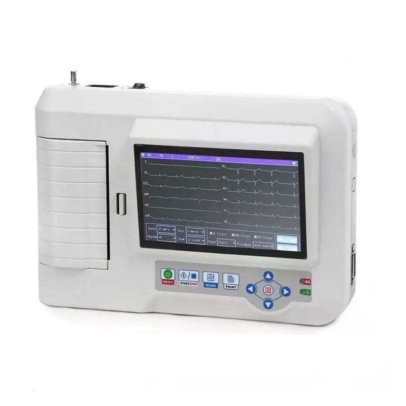 Contec 600G 6 Channel ECG Machine with 7-inch TFT touchscreen, 12-lead ECG recording, thermal printer, and USB connectivity for hospitals and clinics