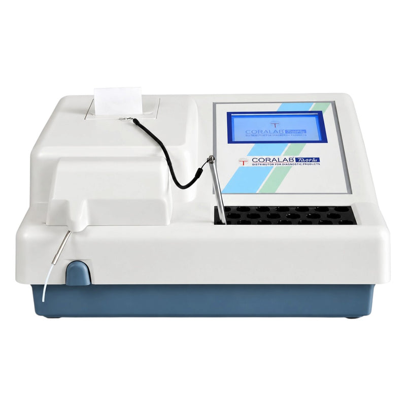 Coralab Touch biochemistry analyzer featuring a 7-inch color touchscreen interface.