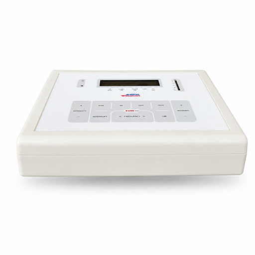 Digital Acoustics Elite-100 Diagnostic Audiometer with USB connectivity, Acoustic Suite software, rechargeable battery, air and bone conduction transducers, and portable diagnostic hearing assessment system.