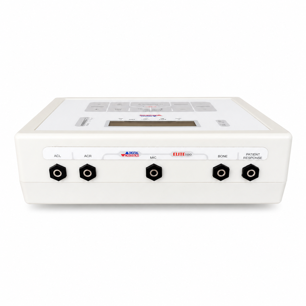 Digital Acoustics Elite-100 Diagnostic Audiometer with USB connectivity, Acoustic Suite software, rechargeable battery, air and bone conduction transducers, and portable diagnostic hearing assessment system.