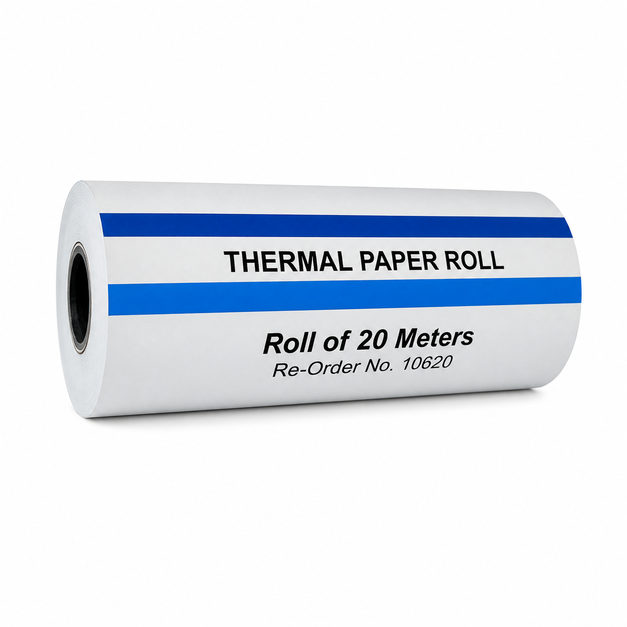 ECG Thermal Paper Roll (106mm x 20m, 70 GSM) for clear and precise ECG recordings. Durable, long shelf life, and prevents printer head damage.