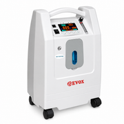 A white portable oxygen concentrator with a digital control screen, a blue oxygen window, and the EVOX brand logo on the front, shown on a clean white background.
