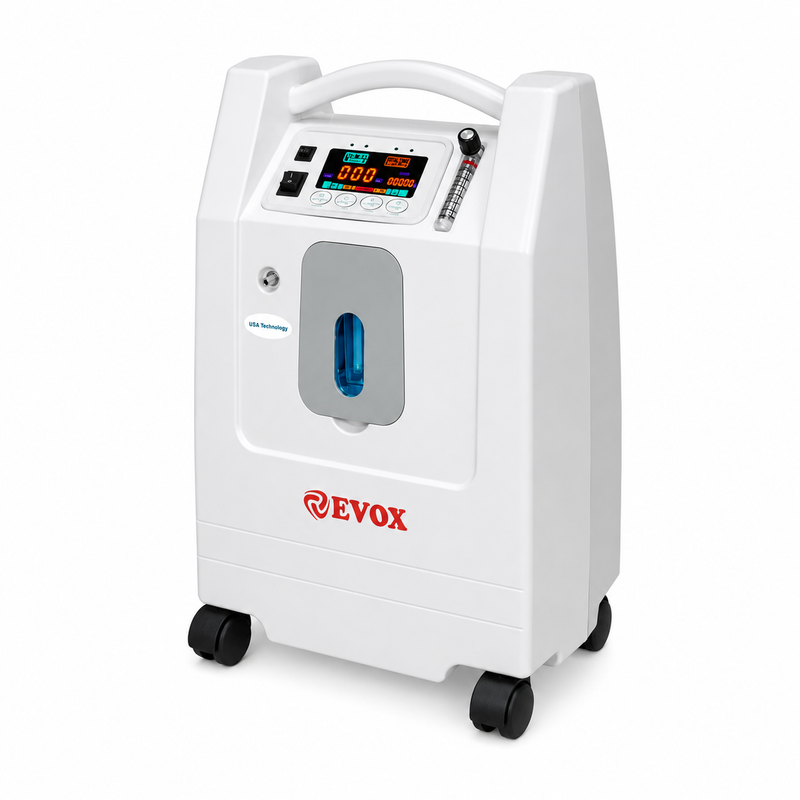 A white portable oxygen concentrator with a digital display screen, blue oxygen window, and red EVOX logo, shown on a clean white background.