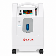 A white portable oxygen concentrator by EVOX with a digital display screen, control buttons, a blue oxygen flow window, and black caster wheels, shown on a plain white background.
