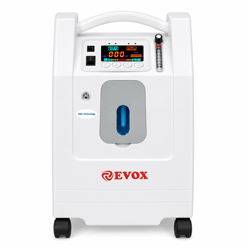 A white portable oxygen concentrator by EVOX with a digital display screen, control buttons, a blue oxygen flow window, and black caster wheels, shown on a plain white background.