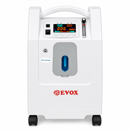 A white portable oxygen concentrator by EVOX with a digital display screen, control buttons, a blue oxygen flow window, and black caster wheels, shown on a plain white background.