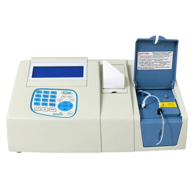 Erba Chem 5x clinical biochemistry analyzer featuring a static photometer with a standard wavelength range of 340–630 nm.