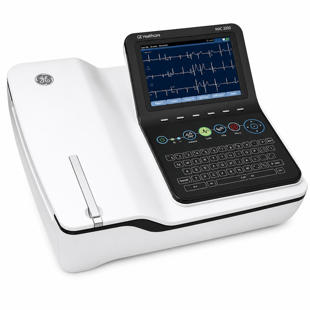 Front view of GE Healthcare 2000 Basic 12-channel ECG machine for cardiac diagnostics