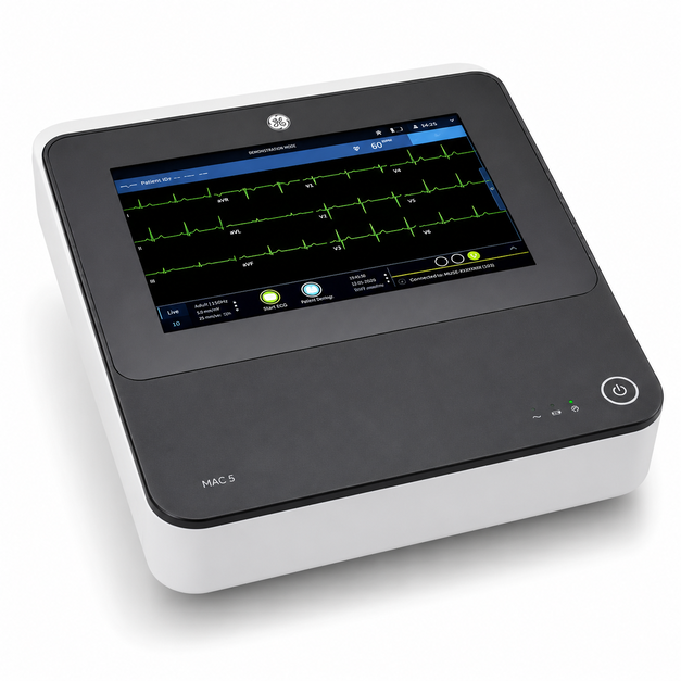 GE MAC 5 A5 Resting ECG Machine with 12-lead ECG recording, 8.4-inch color touchscreen, automatic ECG interpretation, Wi-Fi, Bluetooth, USB connectivity, rechargeable battery, and portable design for hospitals and clinics.