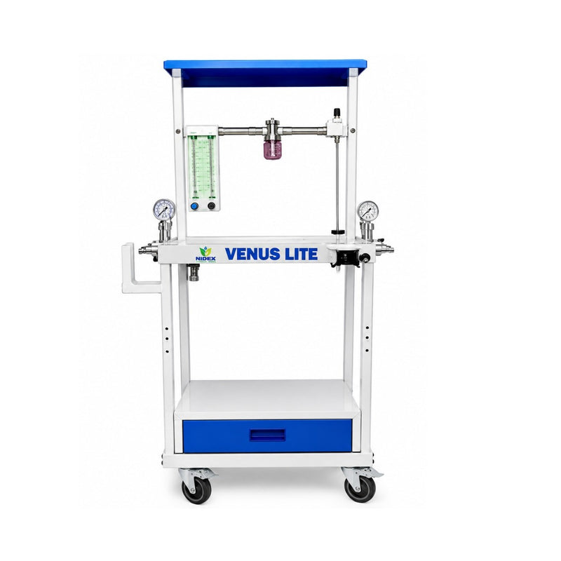 Buy JMJ Medical Venus Lite anesthesia machine with O₂ and N₂O supply, 2-tube rotameter, oxygen flush, breathing bag and trolley design.