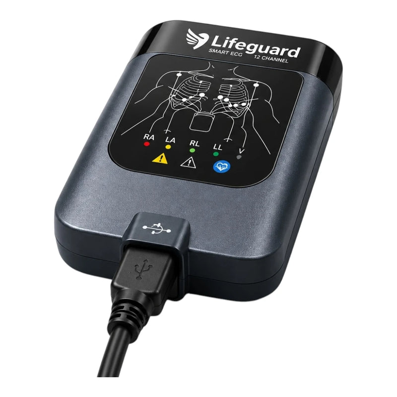 Lifeguard Smart ECC 12 Channel portable defibrillator device with a USB cable attached, shown on a solid white background.