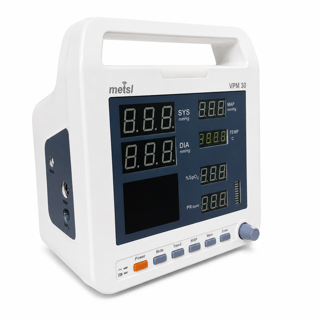 Front view of the Maestros VPM-30 portable bedside patient monitor with TFT display