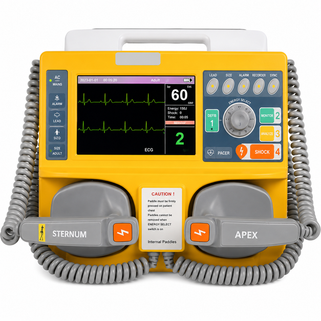 Maestros Vital Wave Biphasic Defibrillator with 270J energy delivery, 7-inch TFT display, ECG monitoring, rechargeable battery, and portable emergency cardiac care design for hospitals and ambulances
