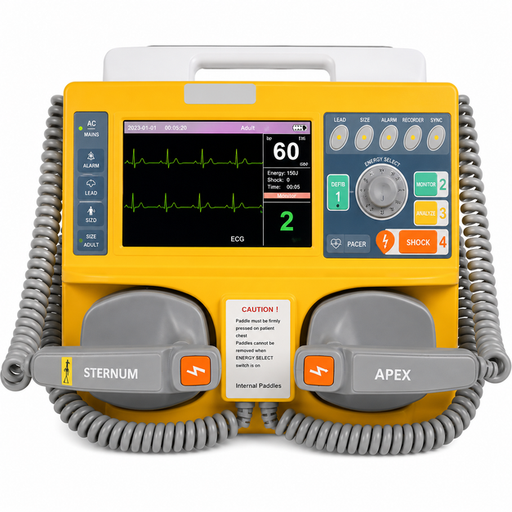 Maestros Vital Wave Biphasic Defibrillator with 270J energy delivery, 7-inch TFT display, ECG monitoring, rechargeable battery, and portable emergency cardiac care design for hospitals and ambulances