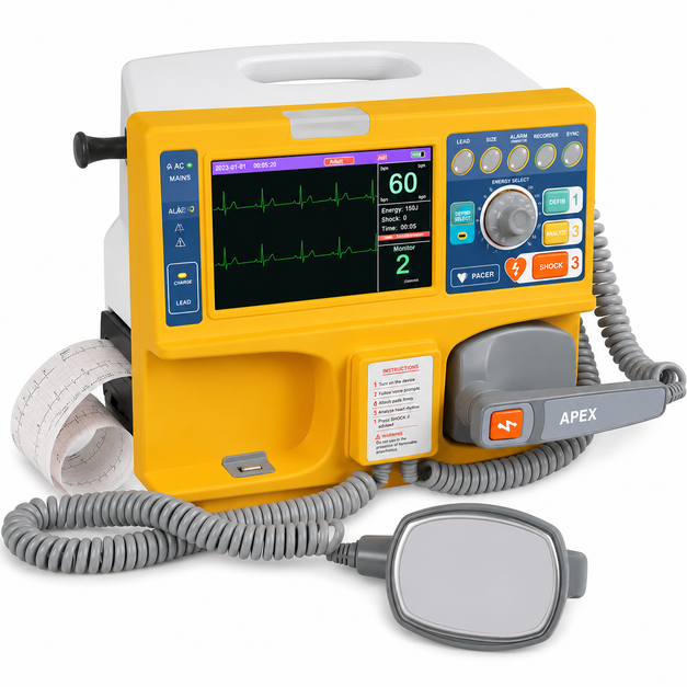 Maestros Vital Wave Biphasic Defibrillator with 270J energy delivery, 7-inch TFT display, ECG monitoring, rechargeable battery, and portable emergency cardiac care design for hospitals and ambulances
