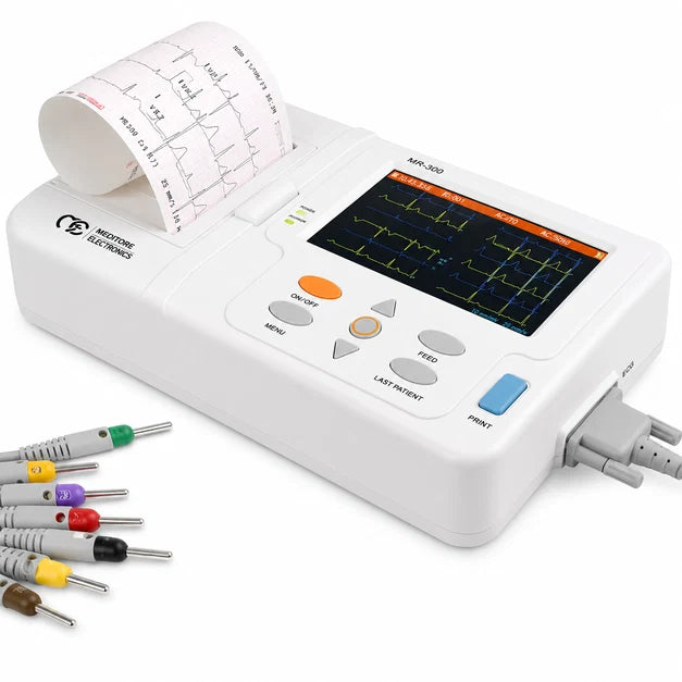 Maestros MR300 3-channel digital ECG machine featuring a 5-inch color TFT display, keypad, and thermal printer, ideal for cardiology diagnostics