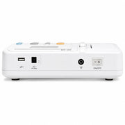 Maestros MR300 portable 3-channel digital ECG electrocardiograph rear panel showing USB ports, buttons, charging point and controls on a clean white background.