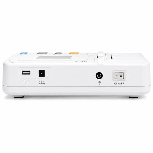 Maestros MR300 portable 3-channel digital ECG electrocardiograph rear panel showing USB ports, buttons, charging point and controls on a clean white background.